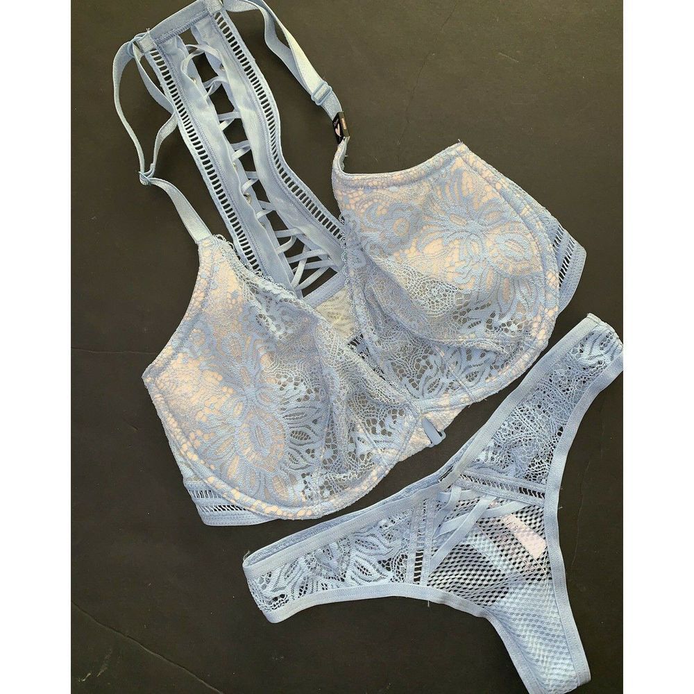 Victoria's Secret unlined racerback 32D BRA SET XS thong baby BLUE floral lace